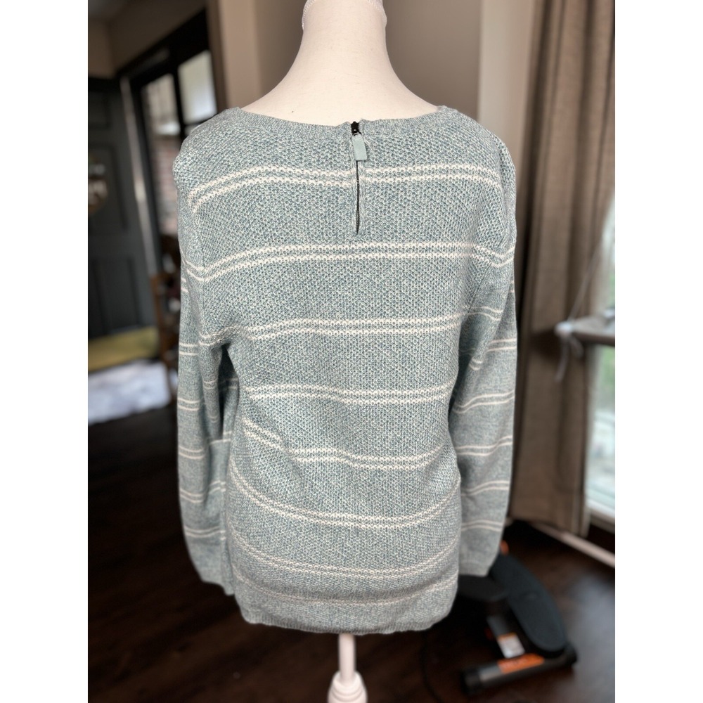 Talbots Sweater XL Petite Light Teal Blue Striped‎  Top Pullover Zip Back Cotton